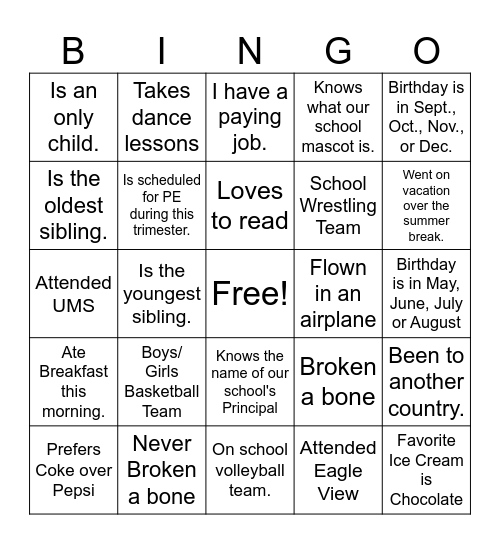 Who am I? Bingo Card