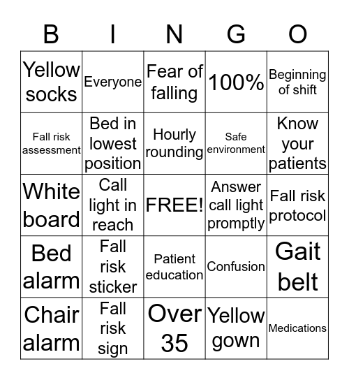 Fall Risk Bingo Card