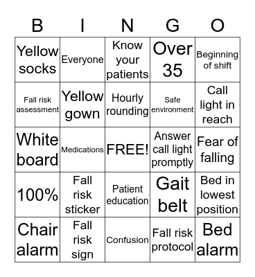 Fall Risk Bingo Card