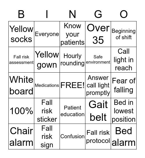 Fall Risk Bingo Card