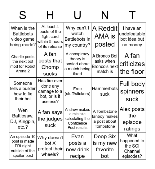 Battlebots Facebook Group bingo Card