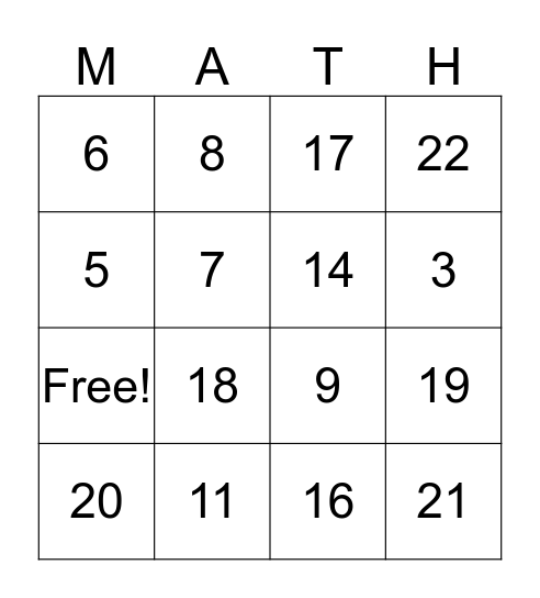 Mathematics Bingo! Bingo Card