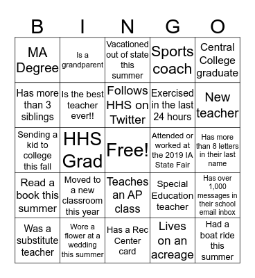 WELCOME BACK!!! Bingo Card