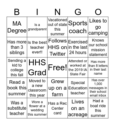 WELCOME BACK!!! Bingo Card