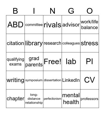 Grad School Bingo Card