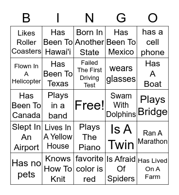 Getting To Know You Bingo Card