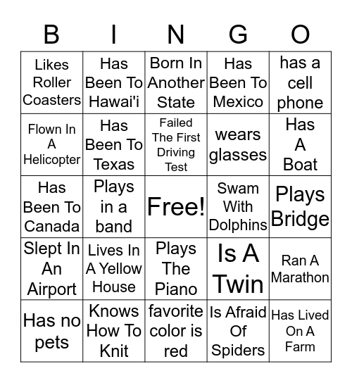 Getting To Know You Bingo Card