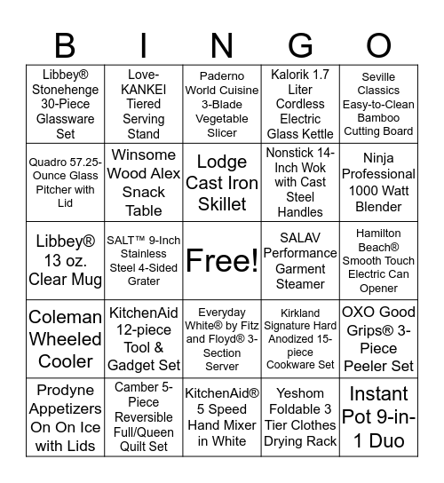 Colleen's Bridal Gift Bingo Card