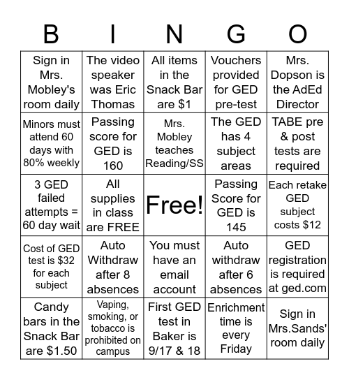 Adult Ed BINGO Card