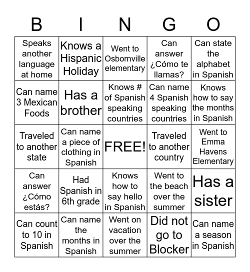 Bienvenidos a la clase de español Bingo Card