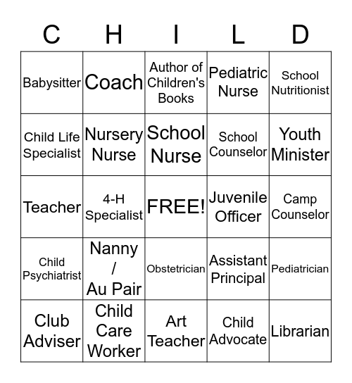 Working with Children BINGO  Bingo Card