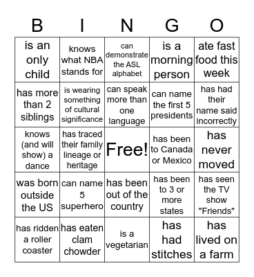 Student Bingo Card