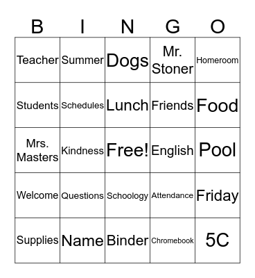 Study Center Bingo Card