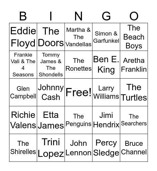 Name That Artist/Group Bingo Card