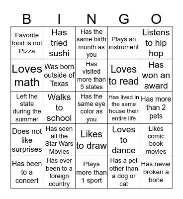 Middle School  Bingo Card