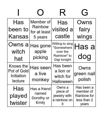 Wizard of Oz IORG Bingo Card