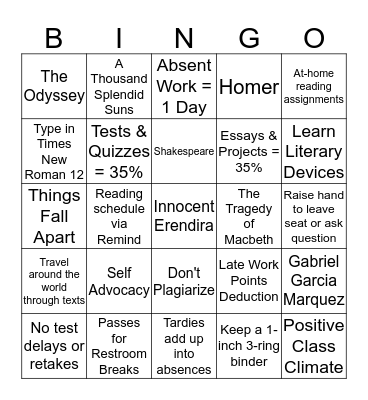 English 10 Syllabus Bingo Card