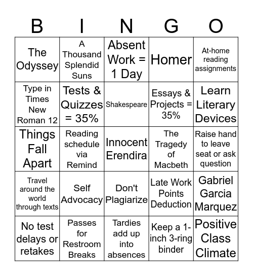 English 10 Syllabus Bingo Card
