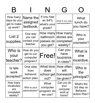 Class Bingo Card