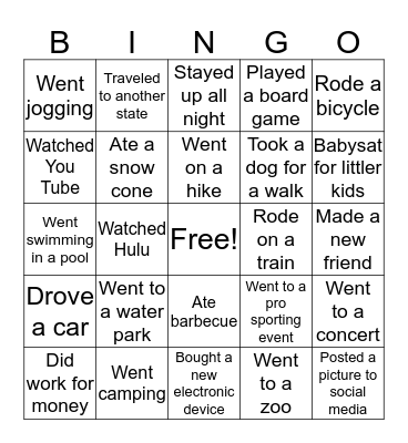 Summer Bingo Card