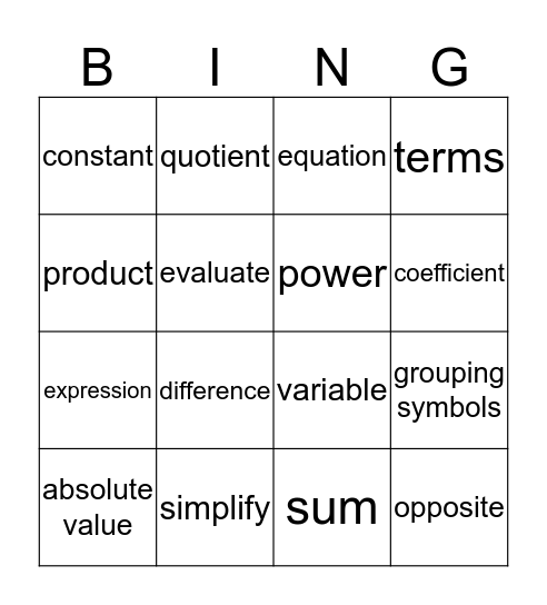 Basic Math Vocabulary Review Bingo Card