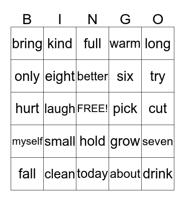Sight Word Bingo Card