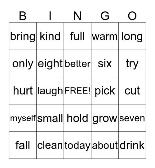 Sight Word Bingo Card