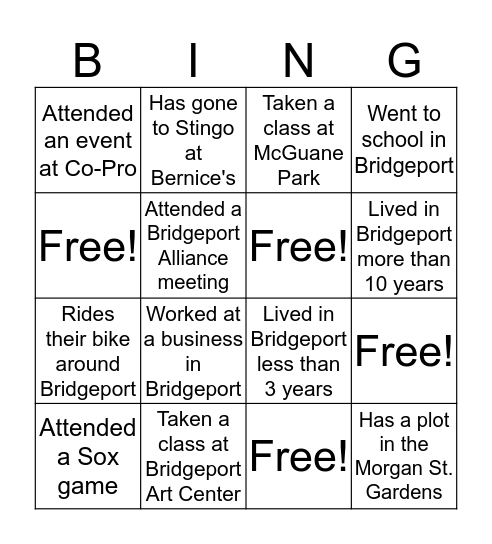 Bridgeport Community Bingo Card