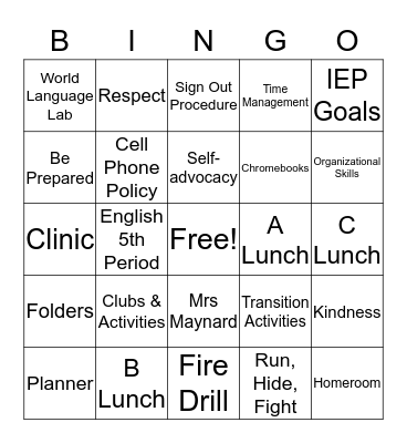 Reading and Study Skills Bingo Card