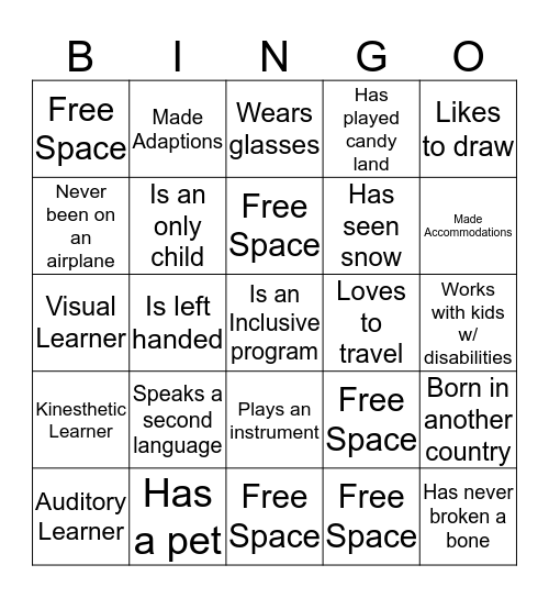 Getting to Know Me Bingo Card