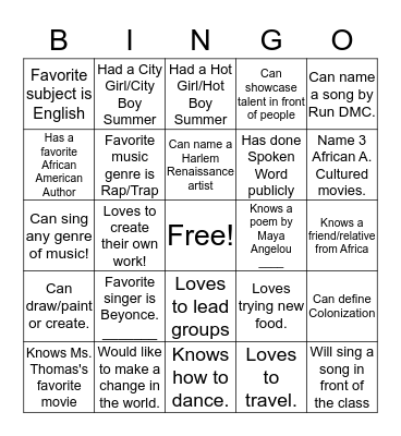 African American Lit./ Pop Culture (Get to know you)  Bingo Card