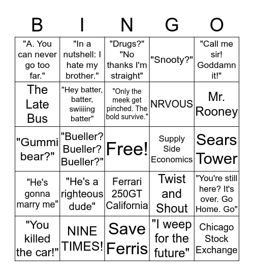 Ferris Bueller's Day Off Bingo Card