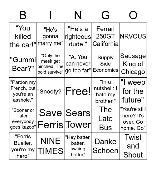 Ferris Bueller's Day Off Bingo Card