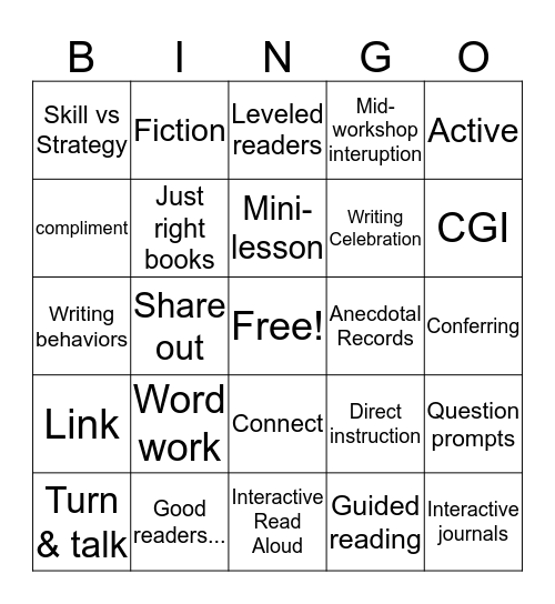 Reader's & Writer's Workshop Bingo Card
