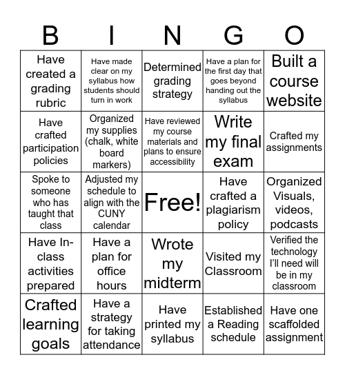 Teaching Bingo Card