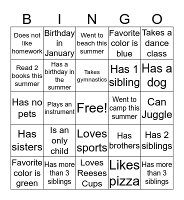 Back To School Bingo Card