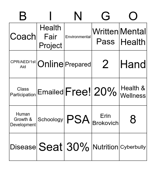 Health Syllabus BINGO Card