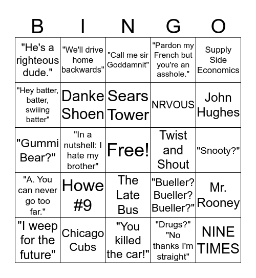 Ferris Bueller S Day Off Bingo Card