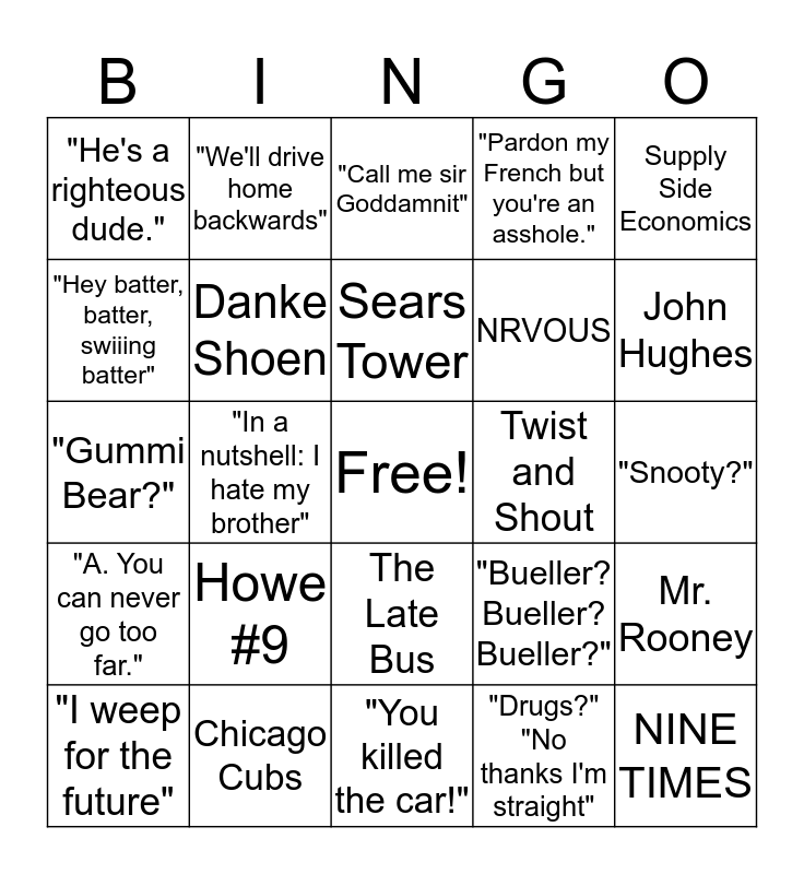 Ferris Bueller S Day Off Bingo Card