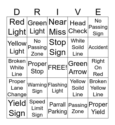 Driver's Education Bingo Card