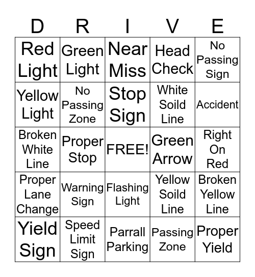 Driver's Education Bingo Card