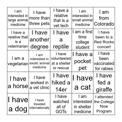 Vet Tech BINGO Card