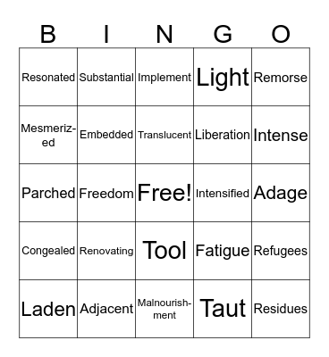 Vocabulary Bingo Card