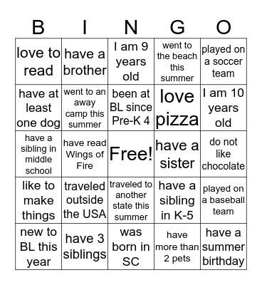 Fourth Grade Bingo Card