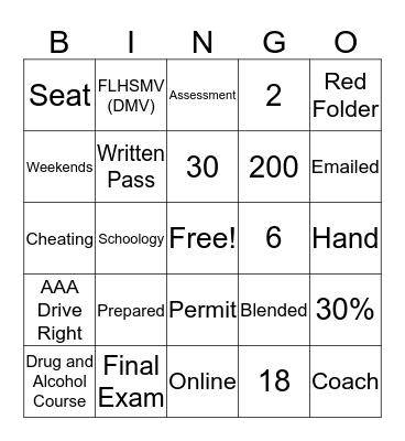 Driver Education Syllabus BINGO Card