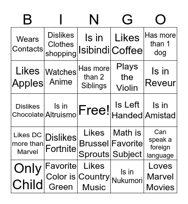 Classroom Bingo Card