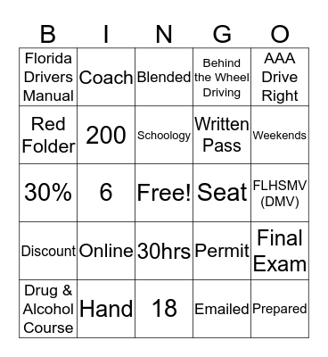 Driver Education Syllabus BINGO Card