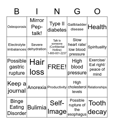 Body Peace and Eating Disorder Awareness Bingo Card