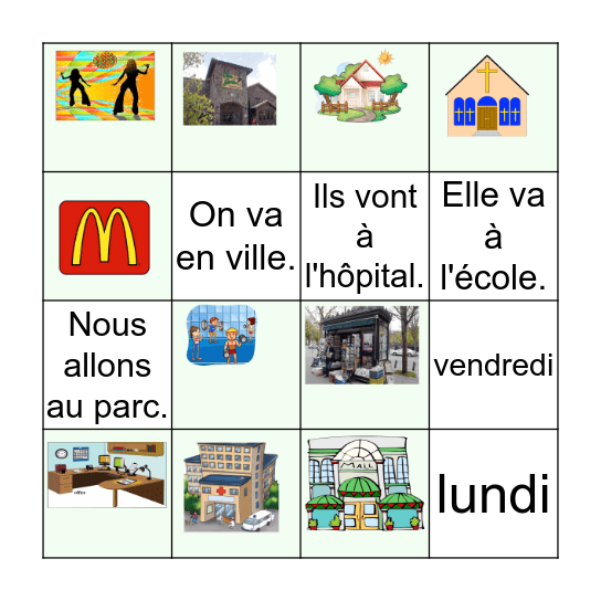 Les Lieux, les jours de la semaine, ALLER Bingo Card