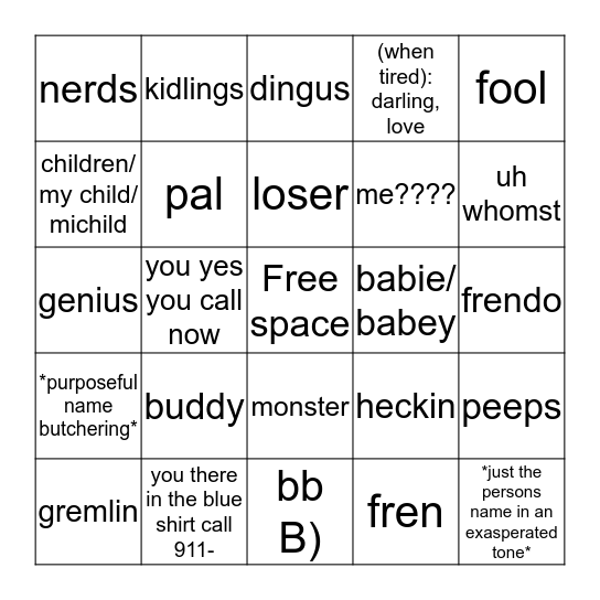 cait's names for other people Bingo Card